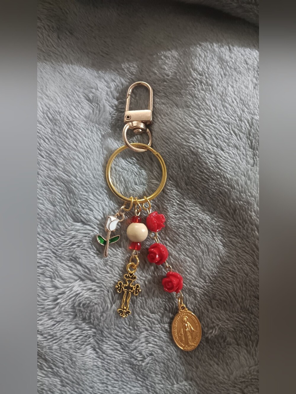 Gold-Tone Red Rose Charm Keychain with Cross and Medal